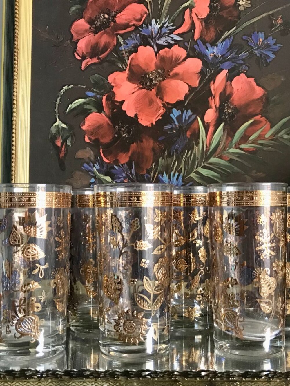 MCM Culver Chantilly Clear Glass Tumblers with Ornate 22k Raised Gold-Leaf